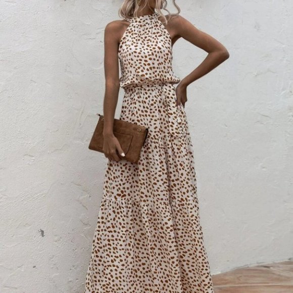 Dalmatian Print Ruffle Hem Belted Halter Dress - Picture 9 of 9